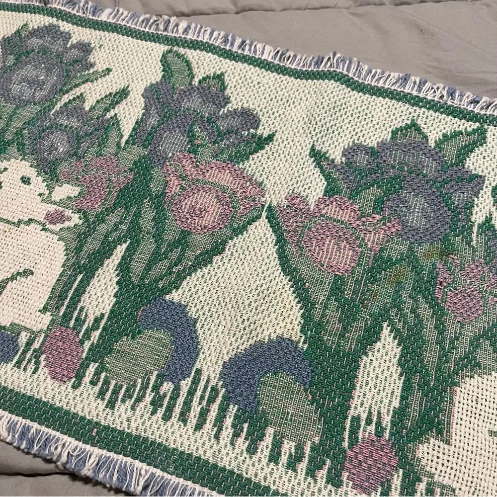 Bunnies and Tulips Tapestry Folk Art Spring Table Runner Easter Woven 34X13